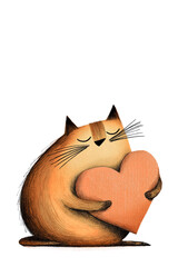 Whimsical Cat Holding a Pink Heart, Cute Valentine Illustration Isolated on White Background with Copy Space, Vertical 2:3