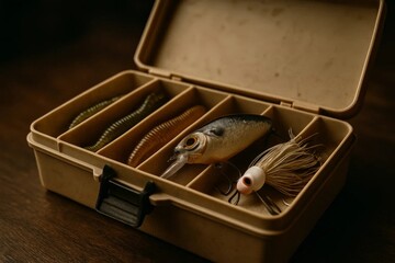 Open tackle box with fishing lures and soft baits on wooden table, angling gear organized for freshwater sport fishing.