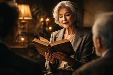 Smiling senior woman reading an old book in a cozy living room, sharing a story with a listener in warm evening light.