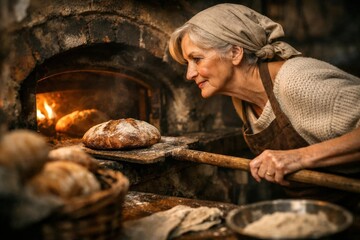 Artisan baker checking fresh bread in a wood-fired oven, rustic bakery scene with flour, firelight and traditional baking process.