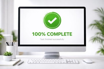 Computer screen showing 100 percent complete with green check mark, successful task finished message on modern office desk.