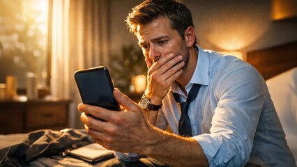 Stressed businessman reading smartphone message in hotel room at sunset, anxiety and crisis communication concept.