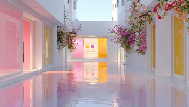 Modern gallery courtyard with flowers and pink and yellow reflections - Powered by Adobe