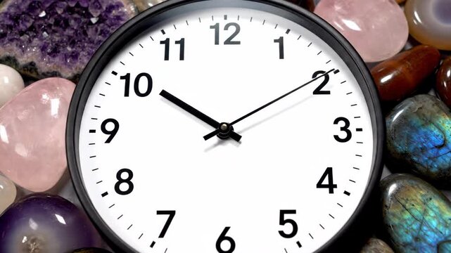 Analog clock surrounded by various colorful polished gemstones and crystals.