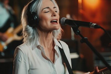 Mature caucasian female singer performing with headphones in studio