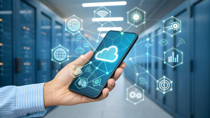 Hand Holding Smartphone with Glowing Digital Cloud Network in Server Room Data Center