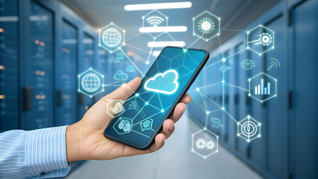 Hand Holding Smartphone with Glowing Digital Cloud Network in Server Room Data Center - Powered by Adobe