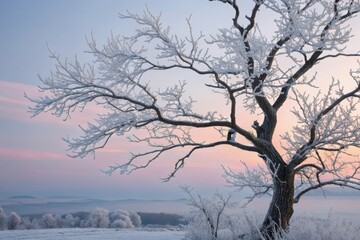 Intricate frost covered bare tree branches against a soft pastel winter sky at dawn