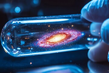 Gloved hand holding a test tube with cosmic galaxy reflection