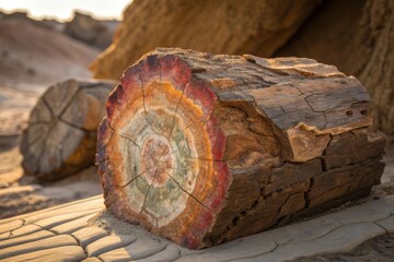 Intricate Patterns Revealed in a Petrified Wood Fossil Section Showcasing Ancient Tree Rings