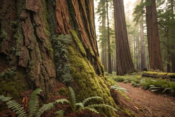 Intricate Textured Bark of a Giant Redwood Tree Covered in Moss in a Lush Forest