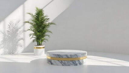Sunlight and shadow play across empty white studio floor highlighting luxurious marble product presentation pedestal with gold trim next to potted tropical houseplant