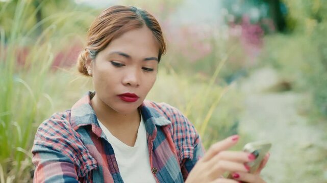 Young Woman Using Smart phone in Garden