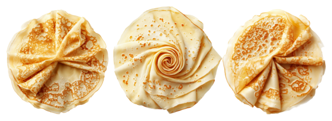 Stack of folded golden crepes arranged in a circular swirl pattern, isolated on white transparent background