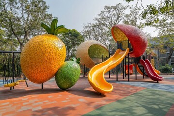 Vibrant fruit-themed playground with colorful slides and play structures