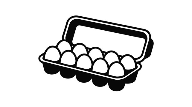 Simple black and white illustration of an open egg carton with twelve eggs inside Vector