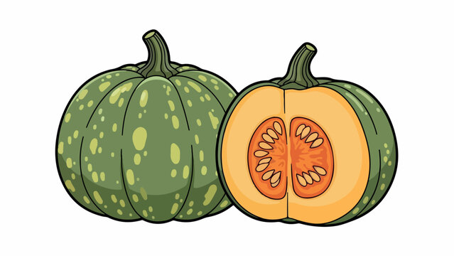 Illustration of a whole and halved green pumpkin with yellow spots on a white background.