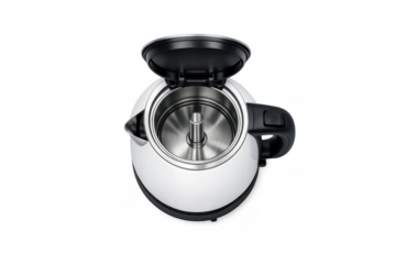 Modern electric kettle design with open lid view for kitchen appliance innovation