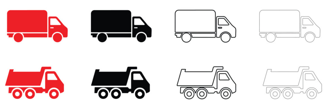 delivery truck icon vector set, fast shipping delivery transport van vector, silhouette and line art