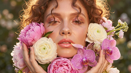 Young woman holding pink peonies, white ranunculus, and orchids  