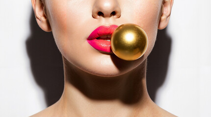Bold beauty portrait of woman with gold sphere against coral-magenta lips  
