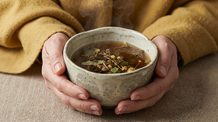 Person holding a ceramic bowl filled with steaming herbal tea leaves  