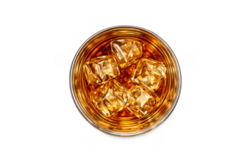 Top view of whiskey with ice cubes for beverage and bar design