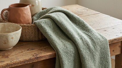 Organic sage-green wool throw draped over handcrafted pottery and baskets on wooden table  
