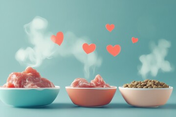 Steaming meat and pet food bowls with floating hearts in pastel colors