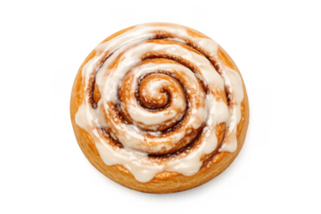Delicious cinnamon roll with cream icing top view - perfect for bakery branding or food promotions