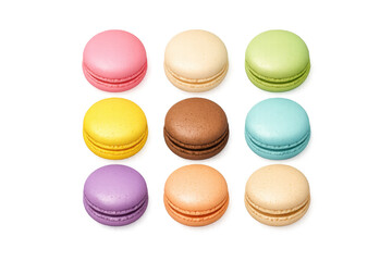 Obraz premium Colorful assorted macarons arrangement on gradient background for bakery design and decoration