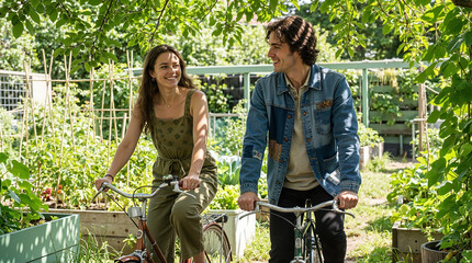 Young eco-activists riding bicycles and smiling in community garden  