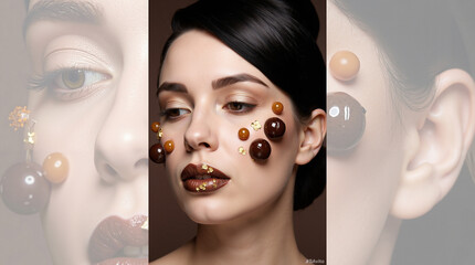 Model with chocolate truffles and golden caramel on face and lips  
