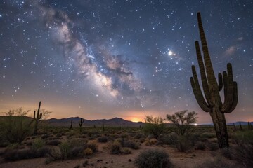 Vast Milky Way Galaxy Illuminating a Silent Desert Landscape with Saguaro Cacti at Dusk