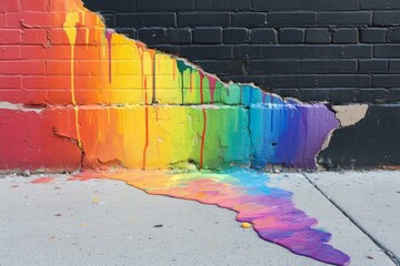 Vibrant rainbow paint dripping on urban brick wall