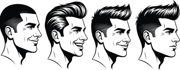 Male hairstyle evolution illustration showing different modern men haircuts profile portraits black and white vector set isolated design © Rayhan