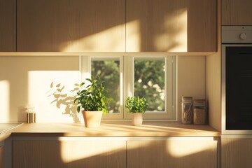 Sunlit kitchen interior with potted herbs and wooden cabinets