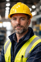 Portrait of a man wearing a yellow hard hat and reflective safety vest standing inside an industrial warehouse or factory environment.