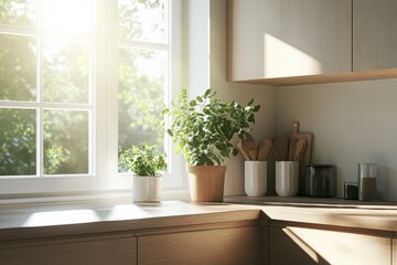 Sunlit modern kitchen interior with green plants on wooden counter