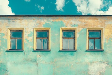 Vintage building facade with four rustic windows against a blue sky