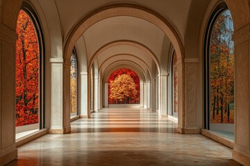 Autumnal arcade with stunning fall foliage and symmetrical arches