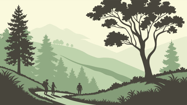 Minimalist Vector Illustration of People Hiking on a Forest Trail Layered Green Mountain Landscape Background for Travel and Wellness.