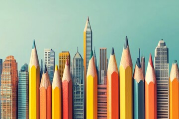 Creative pencil skyline against cityscape background