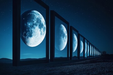 Surreal moon phases through geometric frames at night