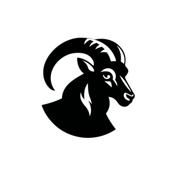 Strong Bighorn Ram Goat Head Profile Silhouette Vector Illustration - Black Animal Horned Mascot Emblem Icon