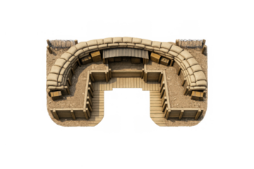 Isometric view of a military trench fortification with sandbags and wooden structures for tactical defense design