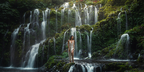 Elegant Woman in White Dress at Banyu Wana Amertha Waterfalls, Bali Jungle