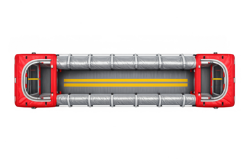 Top view of industrial conveyor system with red machinery for manufacturing or logistics design
