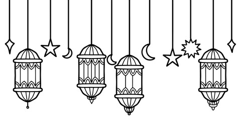 Hand drawn hanging ramadan lanterns with stars and moon doodle outline decoration on white background © Wahib