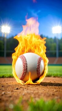 Dramatic baseball engulfed in bright orange flames on a dirt field with stadium lighting at dusk for a dynamic and exciting sports theme